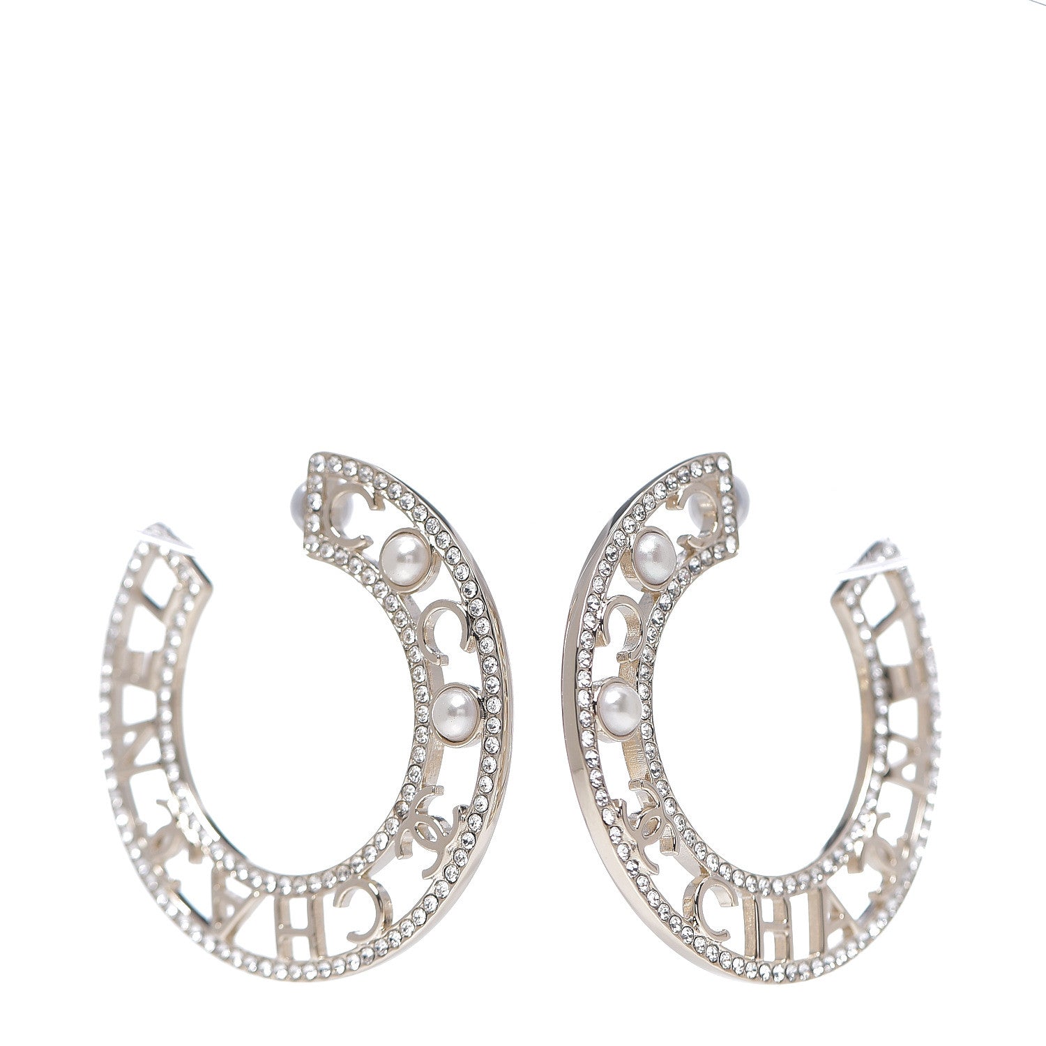 Chanel Crystal Pearl Bow-tiful CC Hoop Earrings Gold 1 of 4