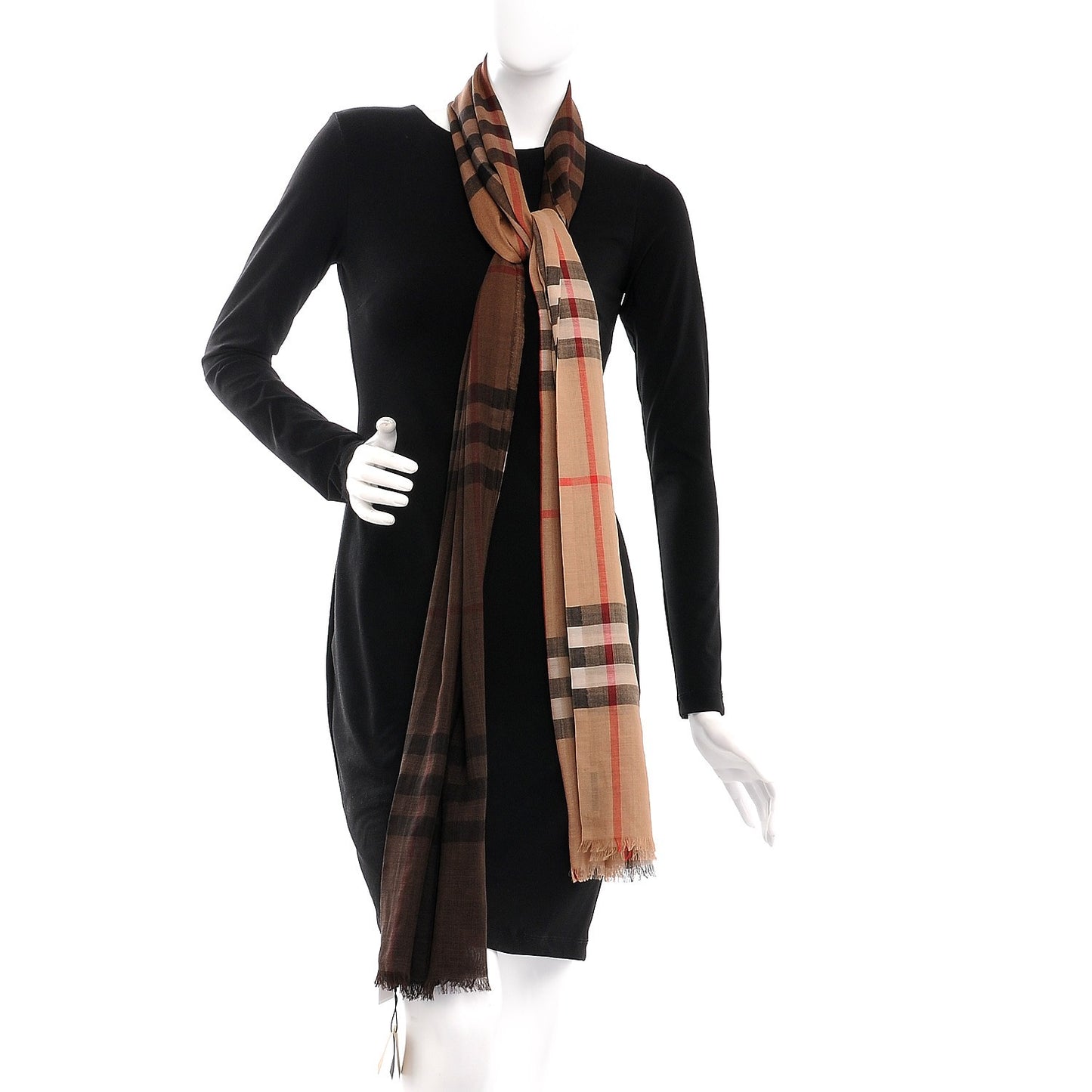 Wool Silk Ombre Gauze Giant Check Scarf Camel