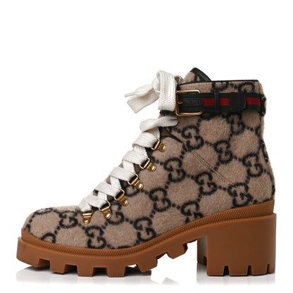 Gucci Covered Wool Big GG Monogram Womens Lace Up Combat Ankle Boots 40 Beige Ebony Cocoa 1 of 12