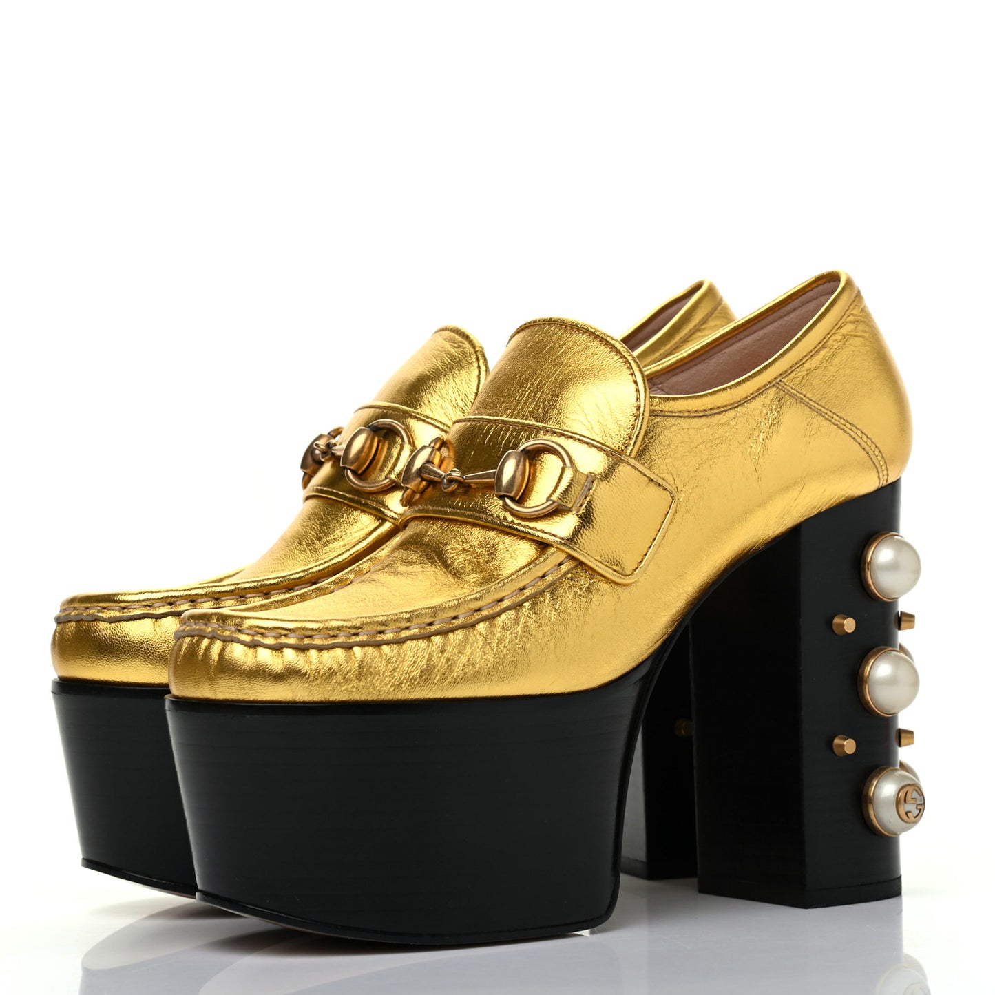 Malaga Kid Pearl Studded Vegas Platform Loafers 36 Gold