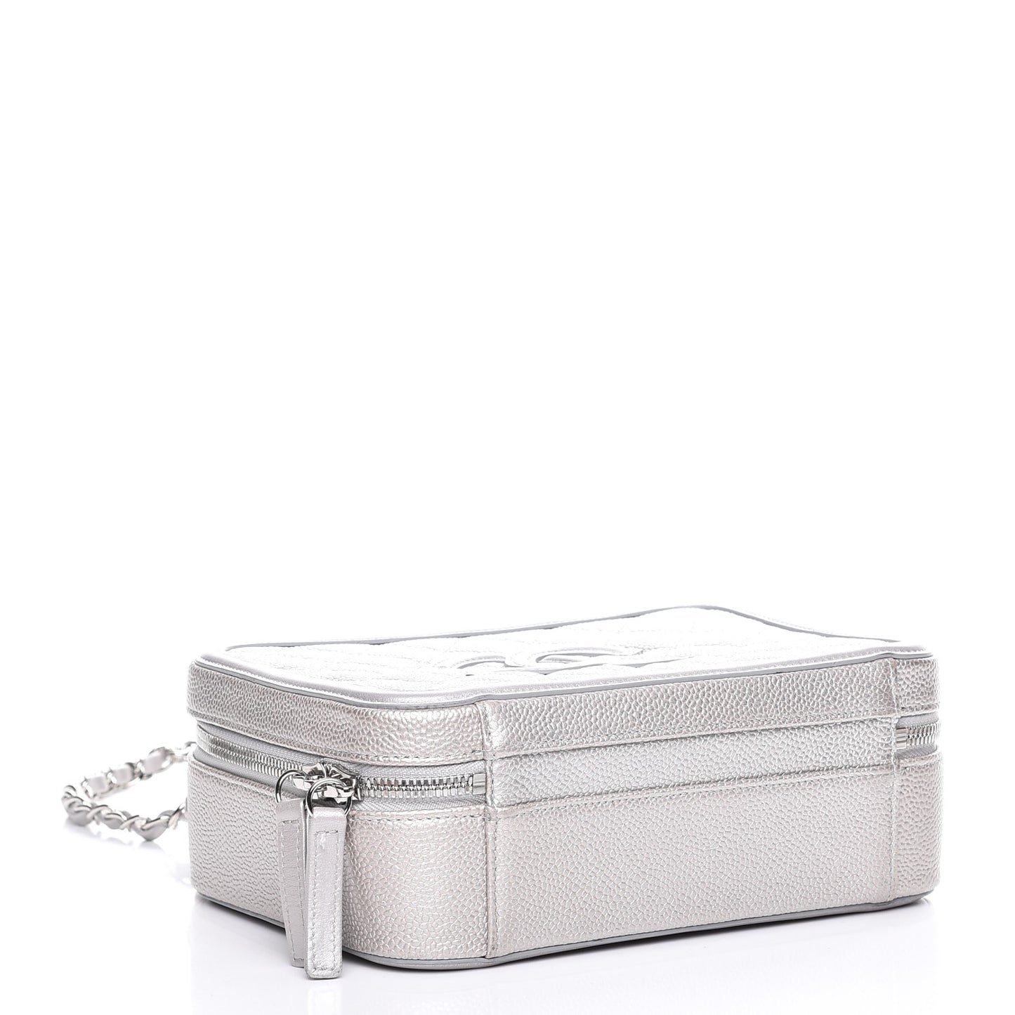 Metallic Caviar Quilted Medium CC Filigree Vanity Case Silver