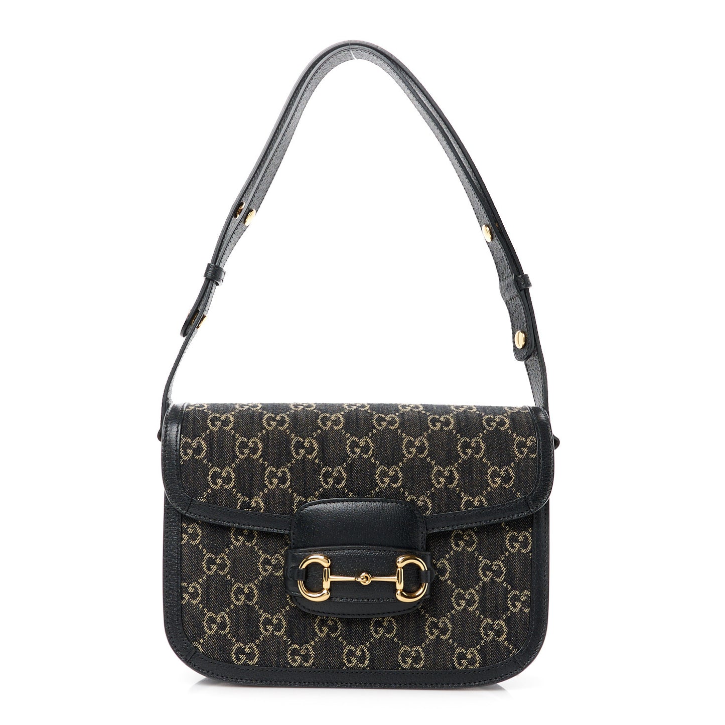 Jacquard Black Denim GG Monogram Textured Dollar Calfskin Horsebit 1955 Shoulder Bag Black Ivory