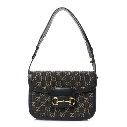 Gucci Jacquard Black Denim GG Monogram Textured Dollar Calfskin Horsebit 1955 Shoulder Bag Black Ivory 1 of 12