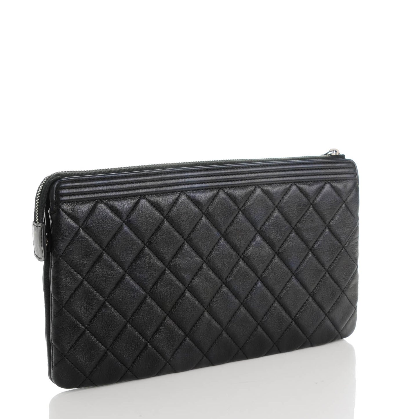 Calfskin Quilted Small Zipped Boy Pouch Black
