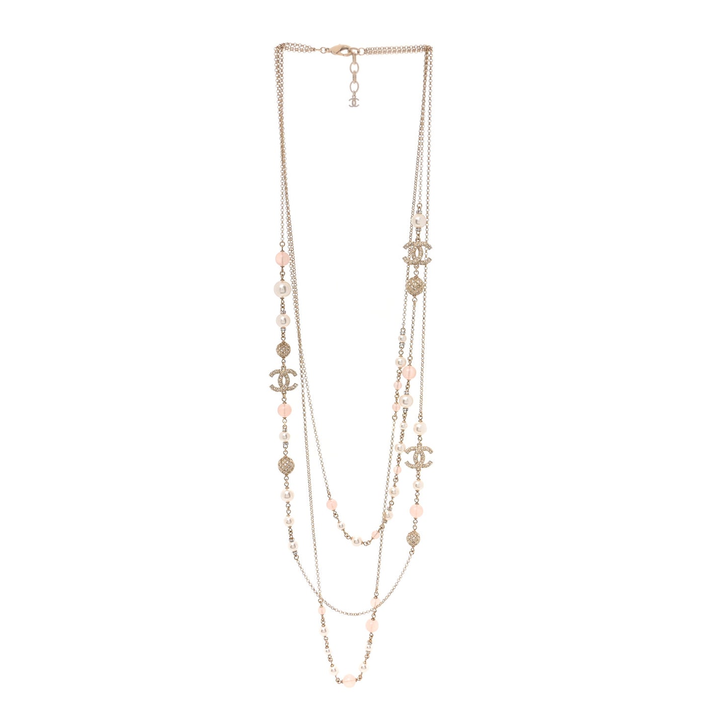 Pearl Crystal Resin CC Beaded Long Necklace Gold Pearly White Pink