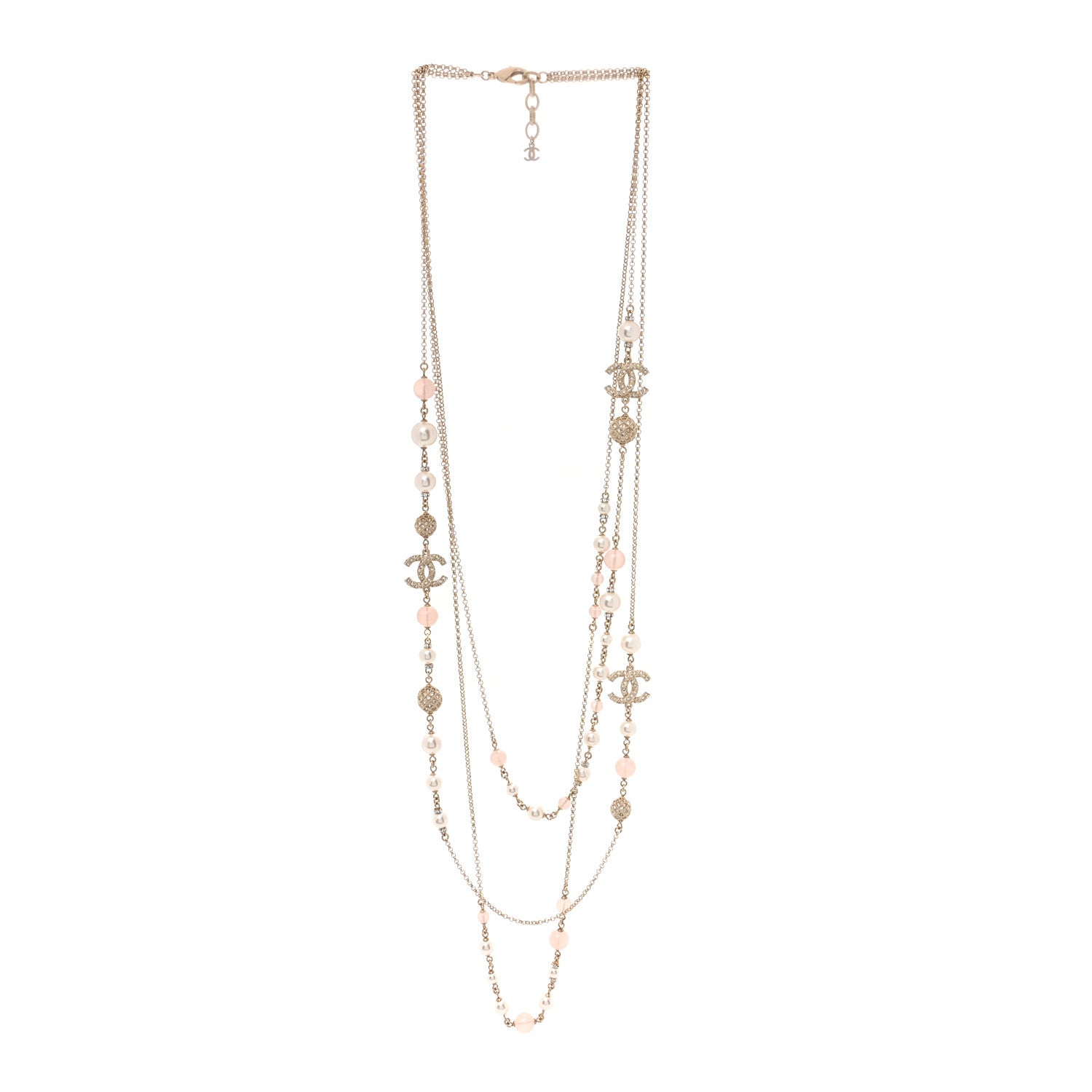 Chanel Pearl Crystal Resin CC Beaded Long Necklace Gold Pearly White Pink 3 of 5