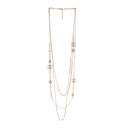Chanel Pearl Crystal Resin CC Beaded Long Necklace Gold Pearly White Pink 3 of 5