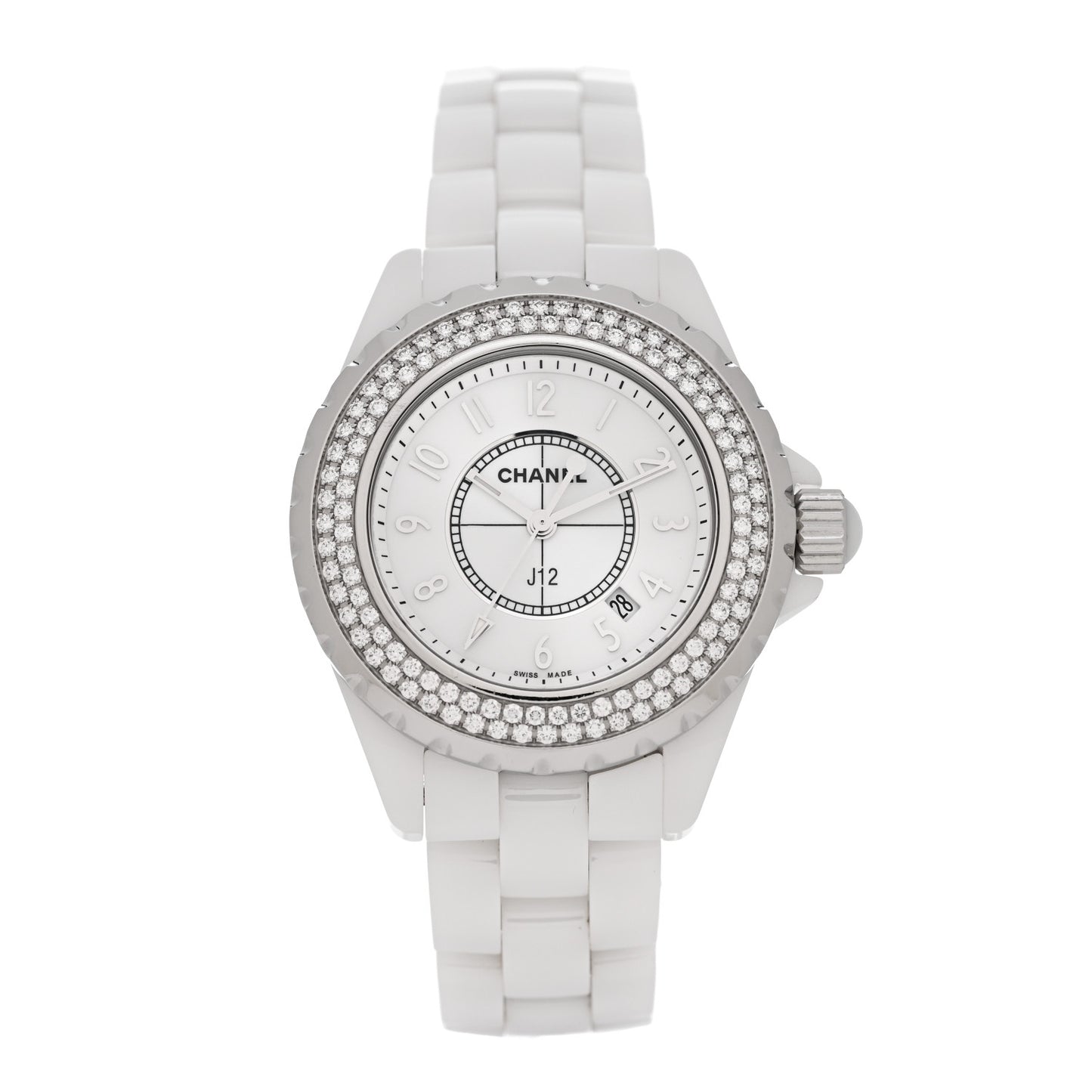 Stainless Steel Ceramic Diamond Pave Bezel 33mm J12 Quartz Watch White
