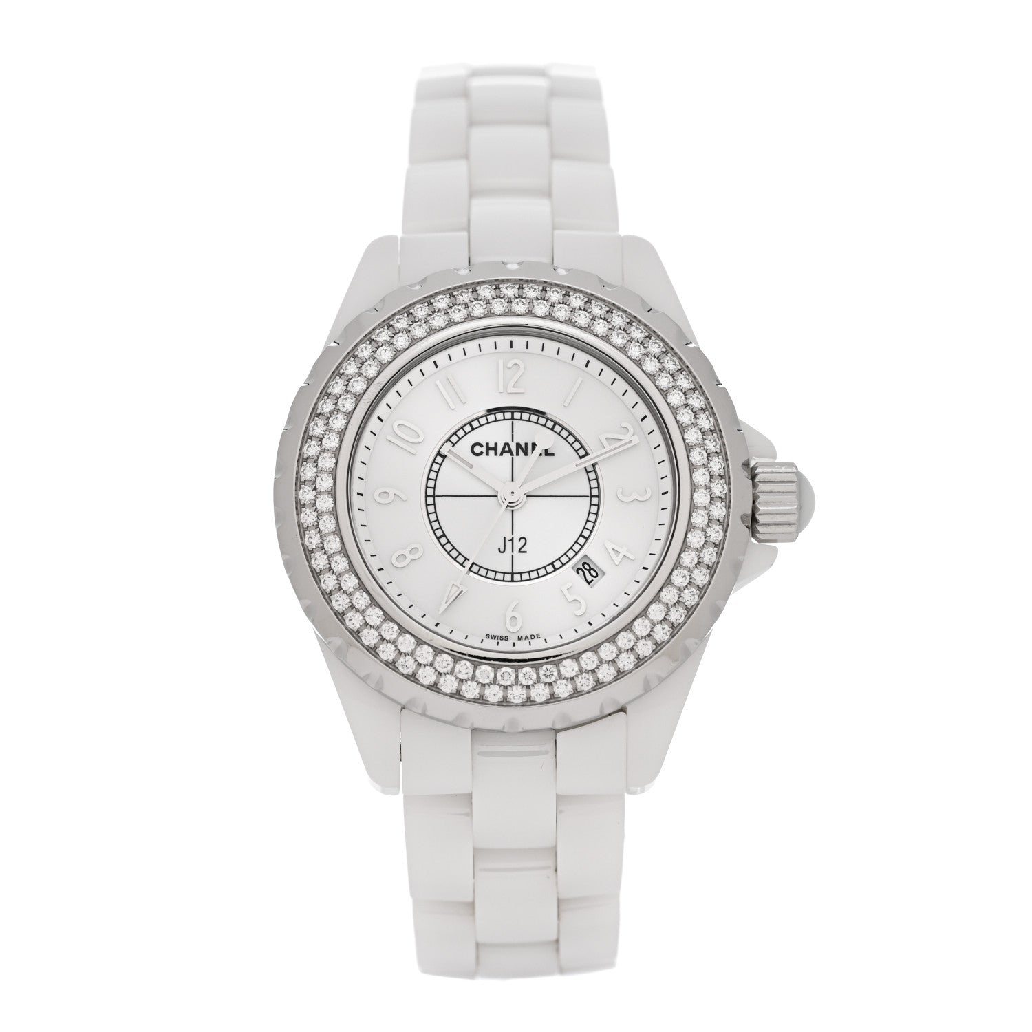 Chanel Stainless Steel Ceramic Diamond Pave Bezel 33mm J12 Quartz Watch White 1 of 5