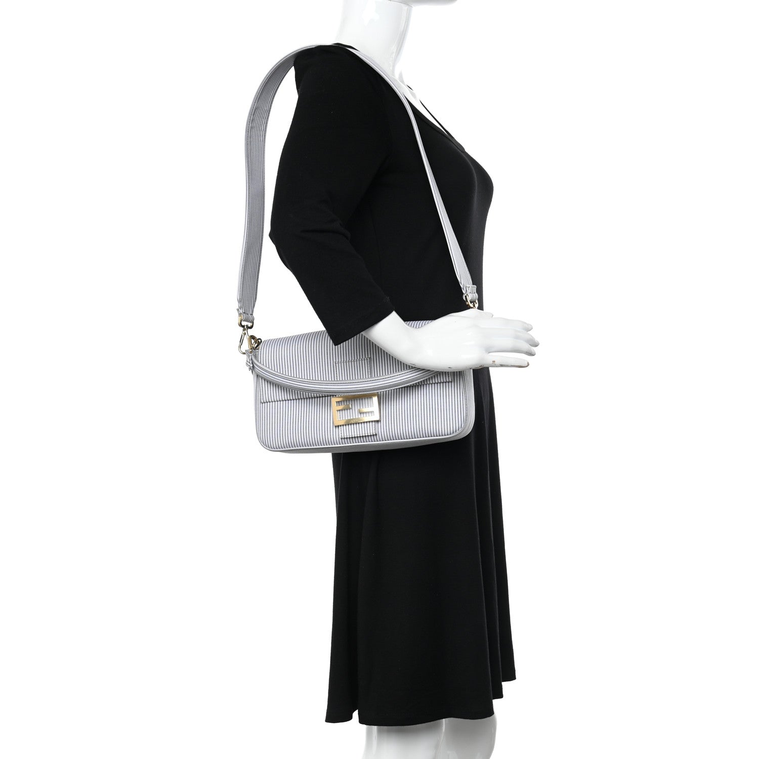 Fendi Cotton Cuoio Bretagna Striped Baguette Grigio White Black 2 of 12