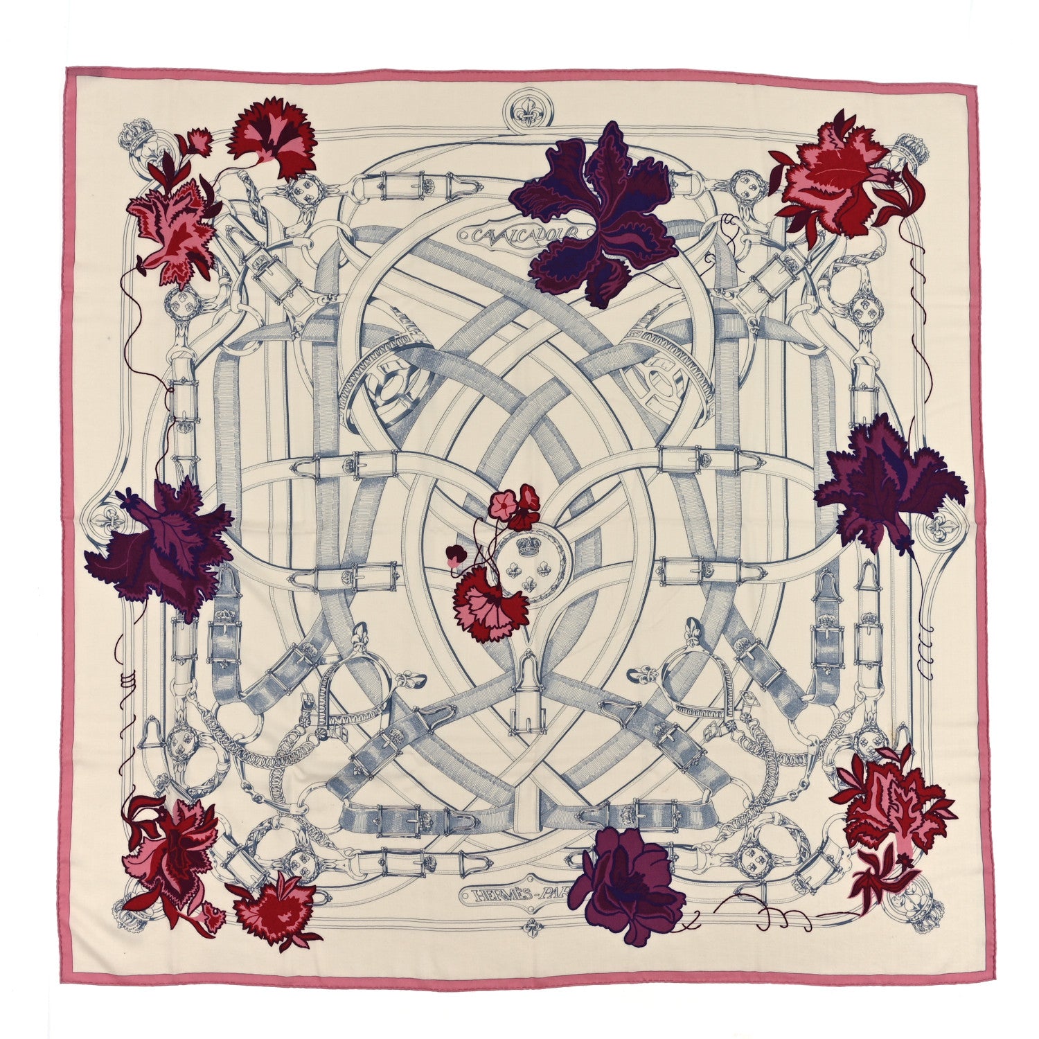 Hermes Cashmere Silk Cavalcadour Shawl 140 Blanc Violet Rose 1 of 3