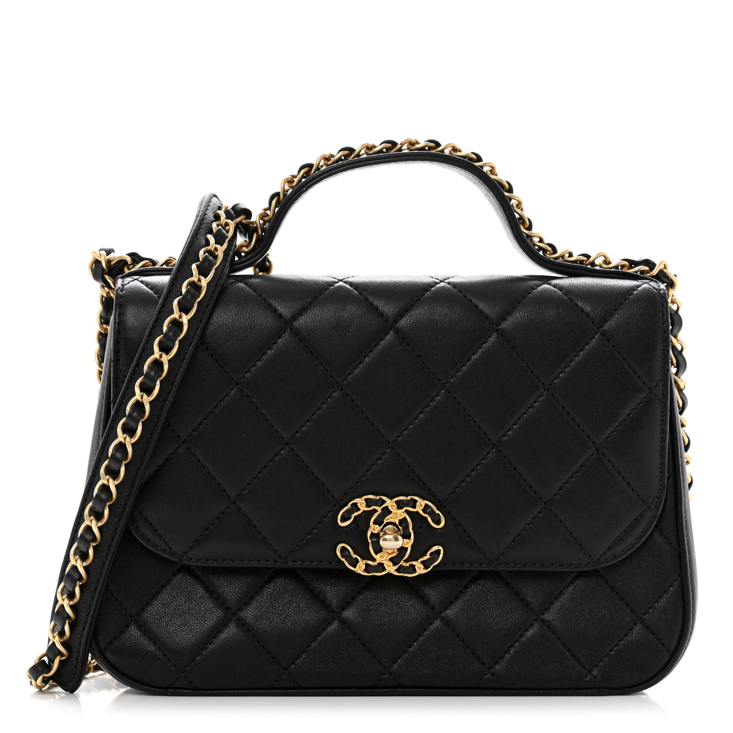 Lambskin Quilted Small Chain Infinity Top Handle Flap Black