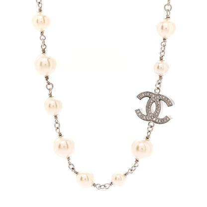 Chanel Graduated Pearl Crystal CC Long Necklace Silver 4 of 7