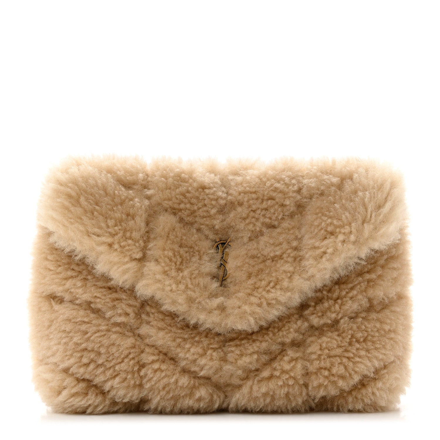 Saint Laurent Shearling Quilted Monogram Loulou Puffer Pouch Clutch Natural Beige 1 of 7