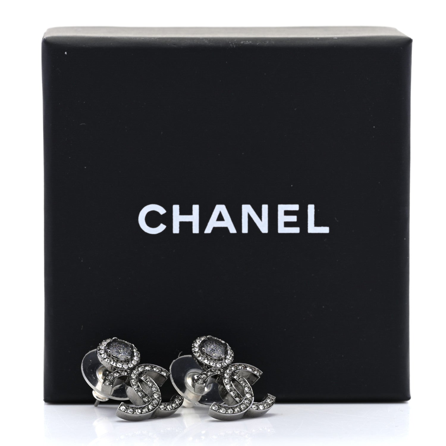 Chanel Ruthenium Crystal CC Drop Earrings Silver Grey 5 of 5