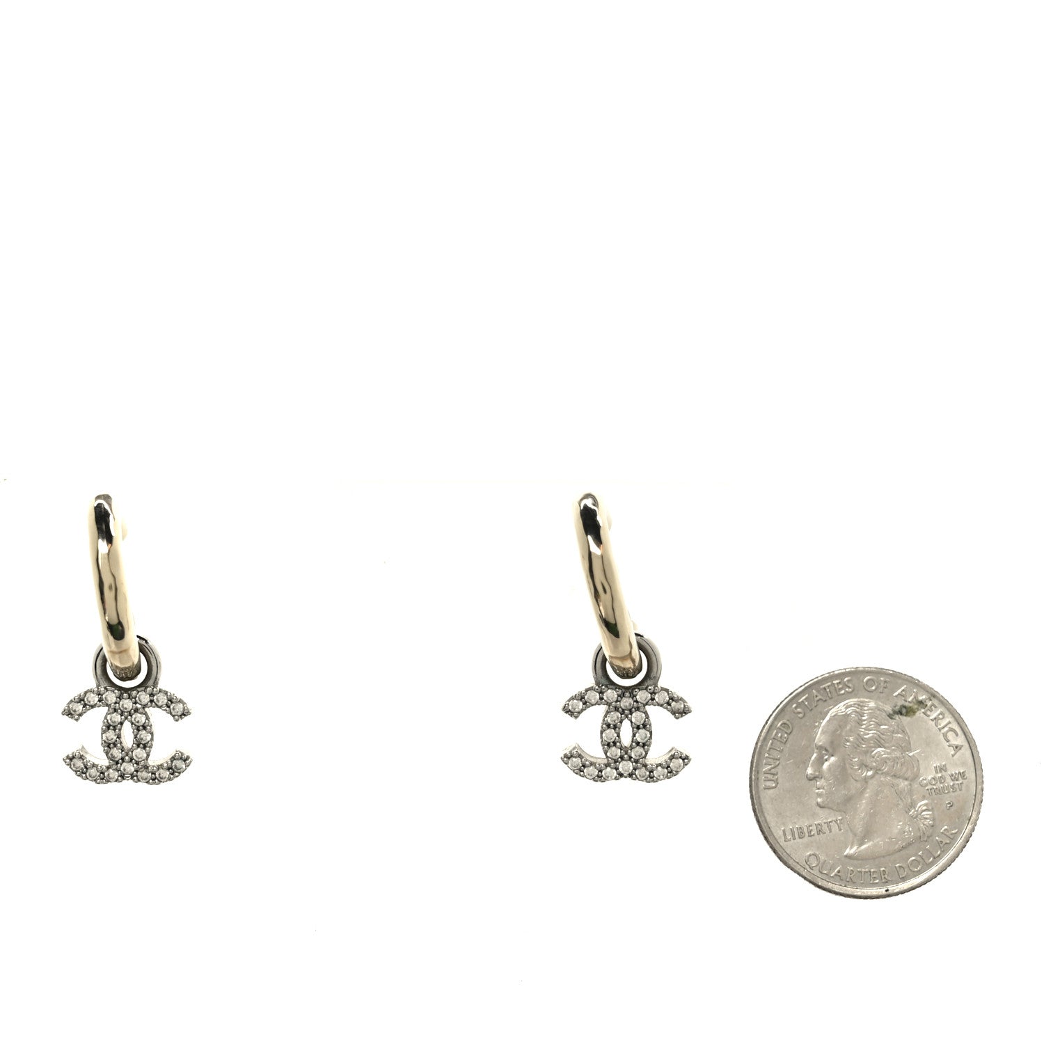 Chanel Metal Crystal Studded CC Hoop Drop Earrings Gold 2 of 5