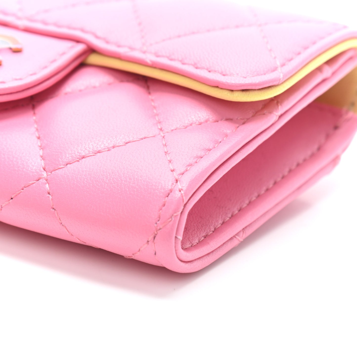 Lambskin Quilted Flap Card Holder Wallet Pink Yellow