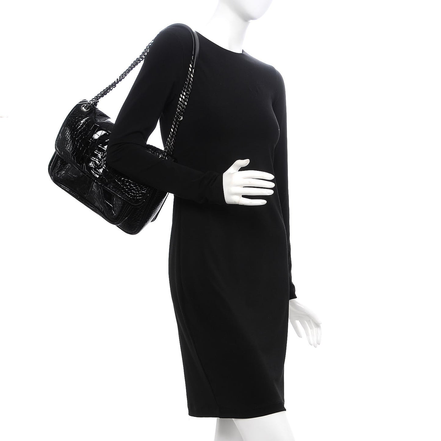 Patent Crocodile Embossed Lambskin Monogram Medium Niki Chain Satchel Black