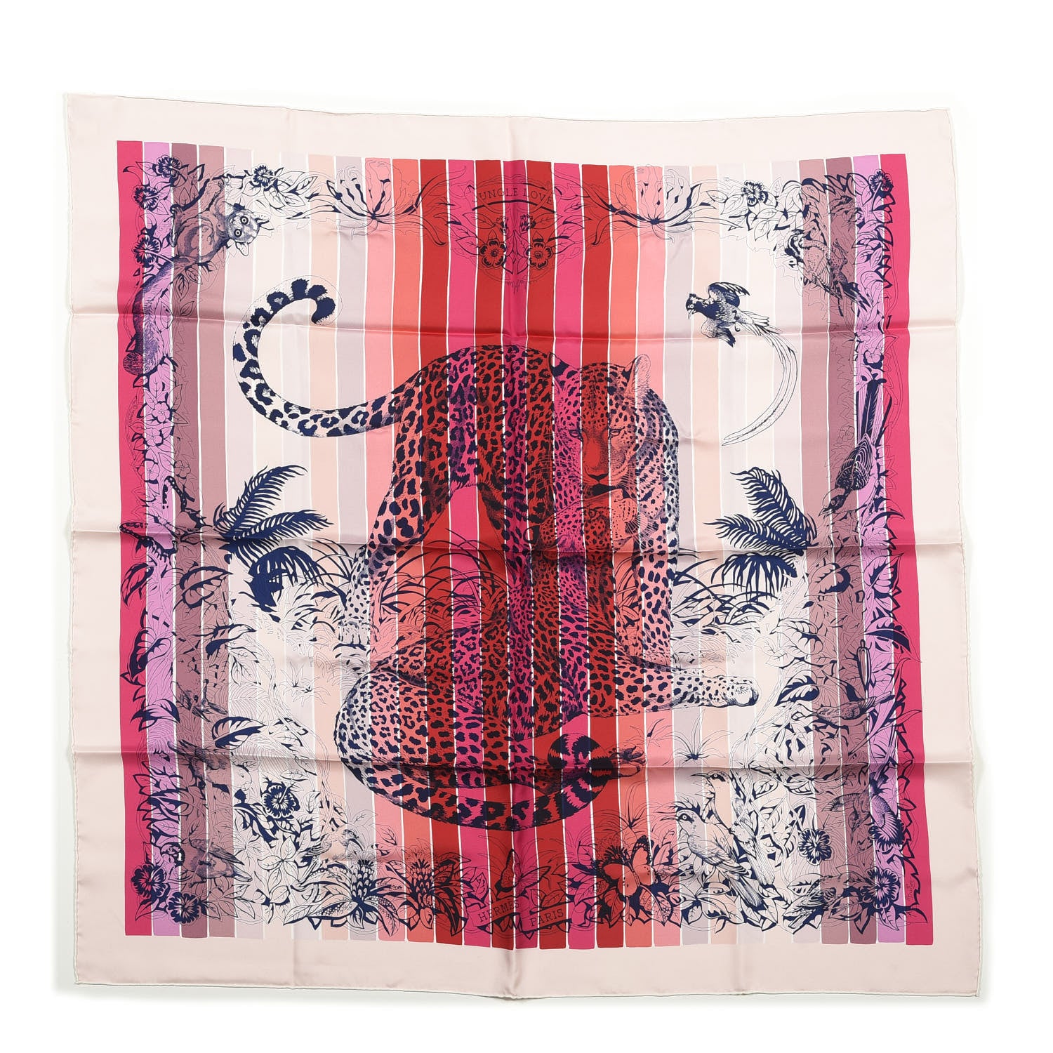 Hermes Silk Jungle Love Rainbow Scarf 90 Rose Vif Encre Rouge 1 of 3