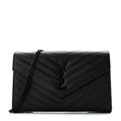 Saint Laurent Grain De Poudre Matelasse Chevron Monogram Chain Wallet Black 1 of 10