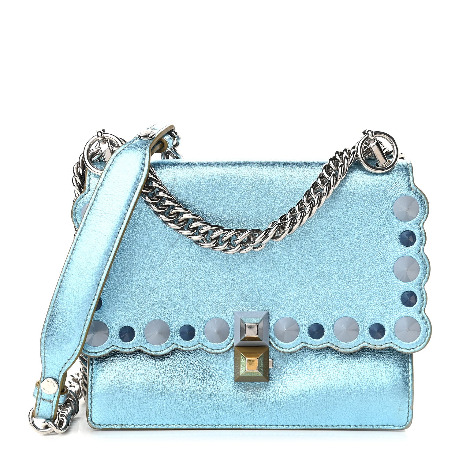 Fendi Vitello Catalan Mirror Scalloped Multi Studded Small Kan I Shoulder Bag Blue 1 of 10