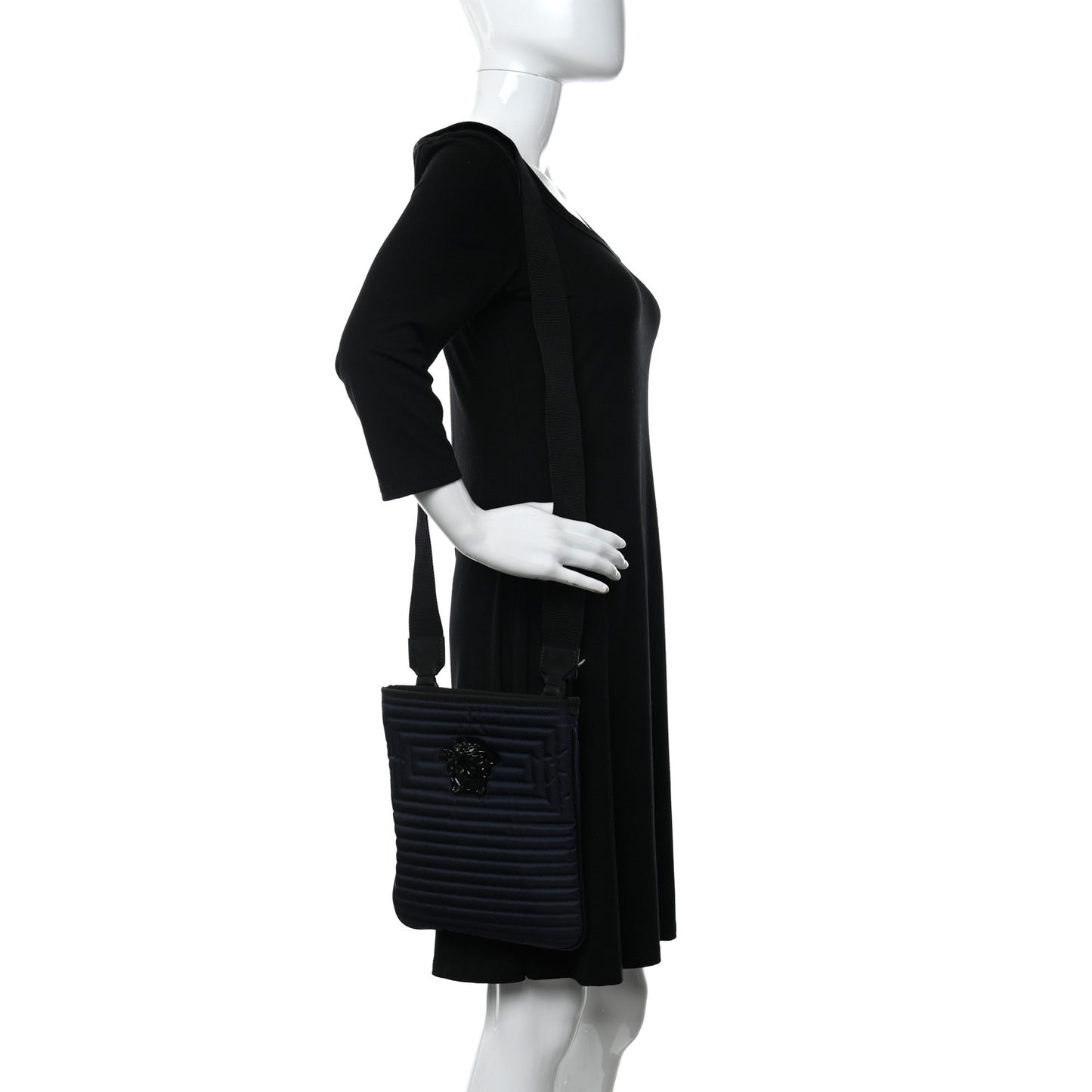 Nylon Quilted Palazzo Medusa Crossbody Bag Navy
