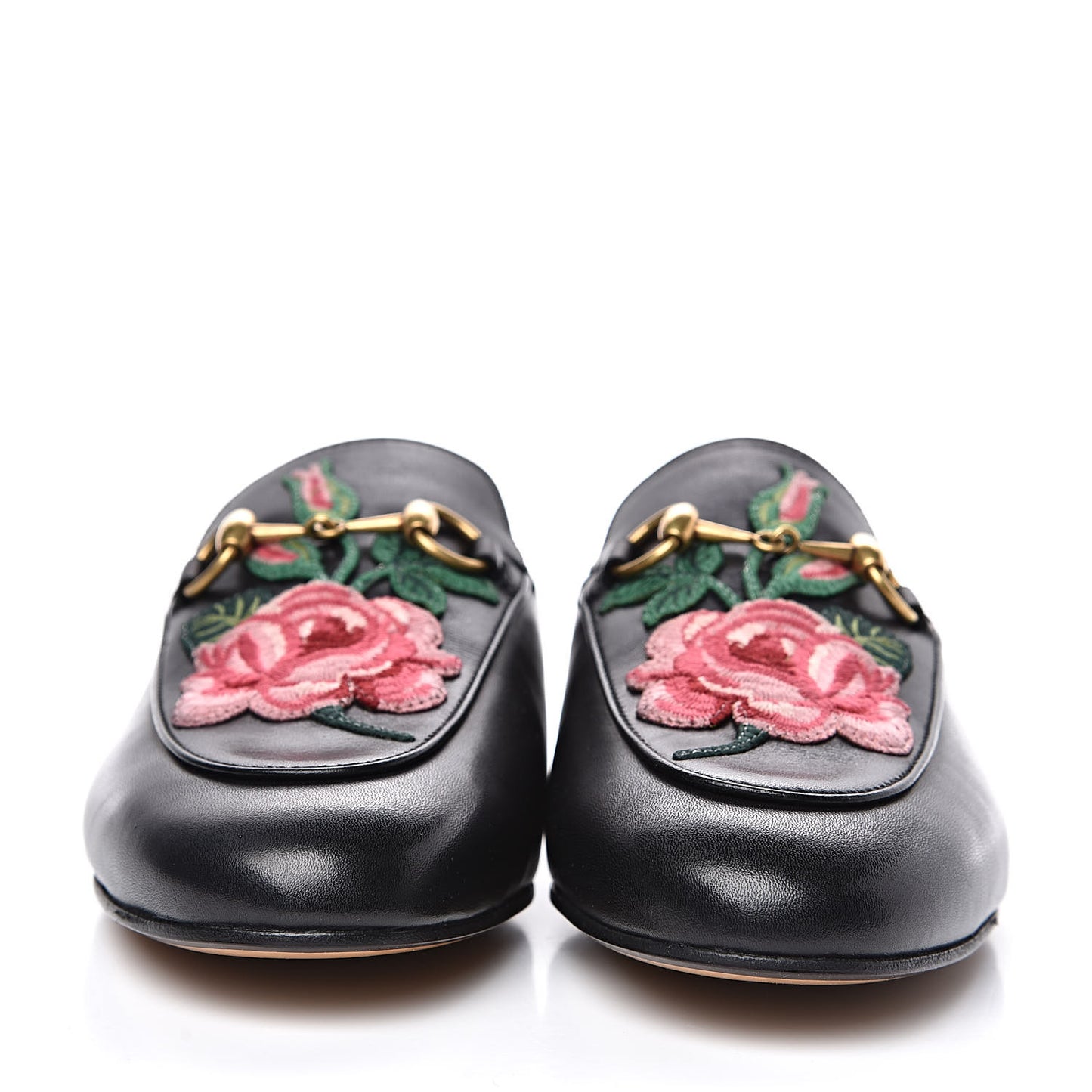 Calfskin Flower Embroidered Womens Princetown Slippers 35 Black