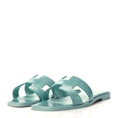 Hermes Lizard Oran Sandals 37 Turquoise 3 of 9