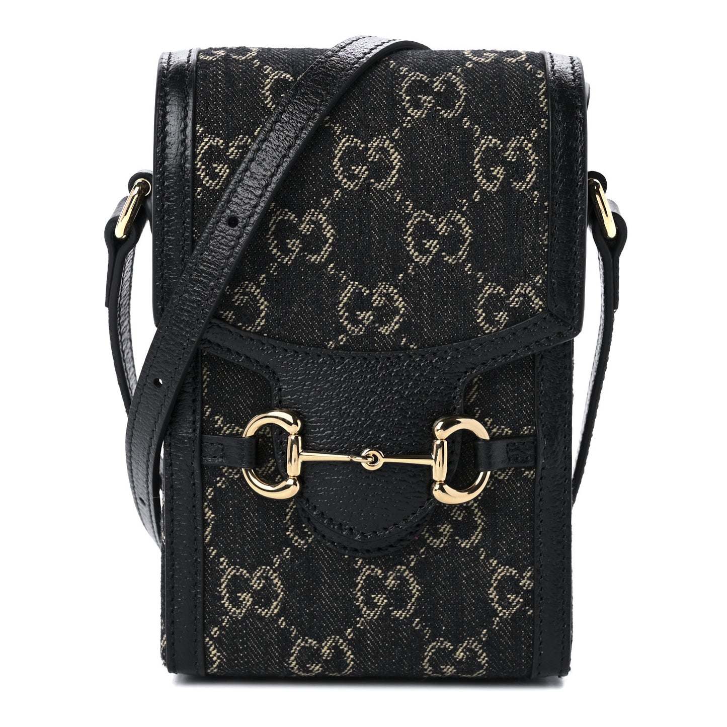 Jacquard Black Denim GG Monogram Textured Dollar Calfskin Mini Horsebit 1955 Crossbody Bag Black Ivory