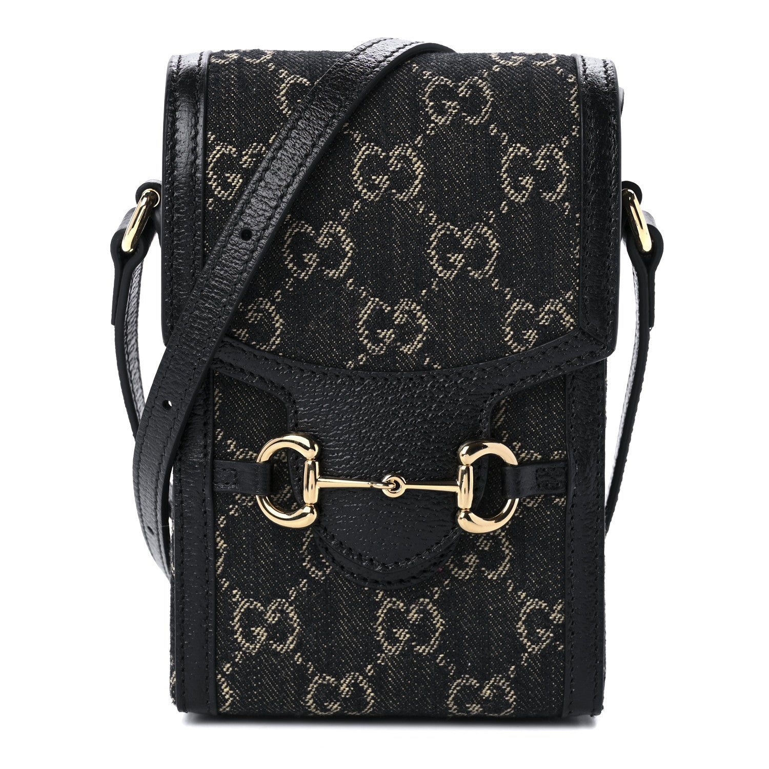 Gucci Jacquard Black Denim GG Monogram Textured Dollar Calfskin Mini Horsebit 1955 Crossbody Bag Black Ivory 2 of 9