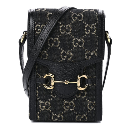 Gucci Jacquard Black Denim GG Monogram Textured Dollar Calfskin Mini Horsebit 1955 Crossbody Bag Black Ivory 2 of 9