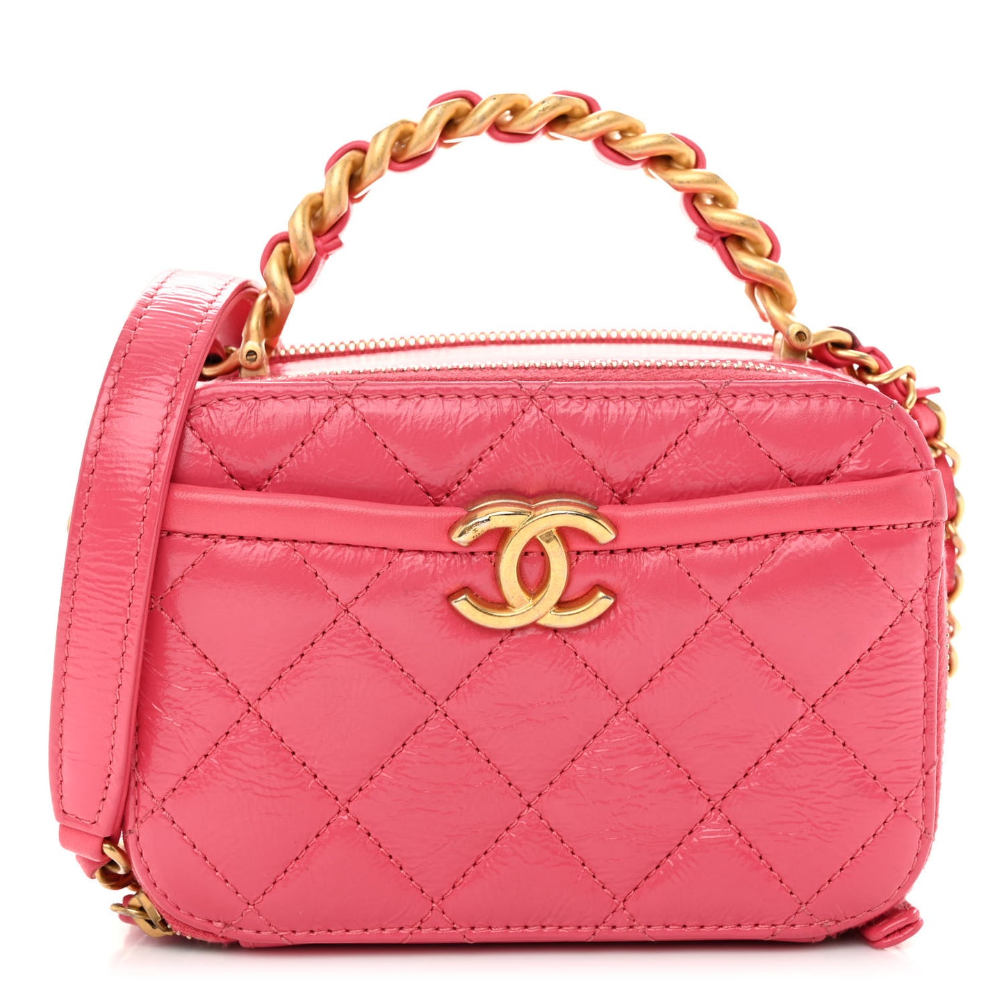 Glazed Aged Calfskin Quilted Small Top Handle Vanity Case Dark Pink