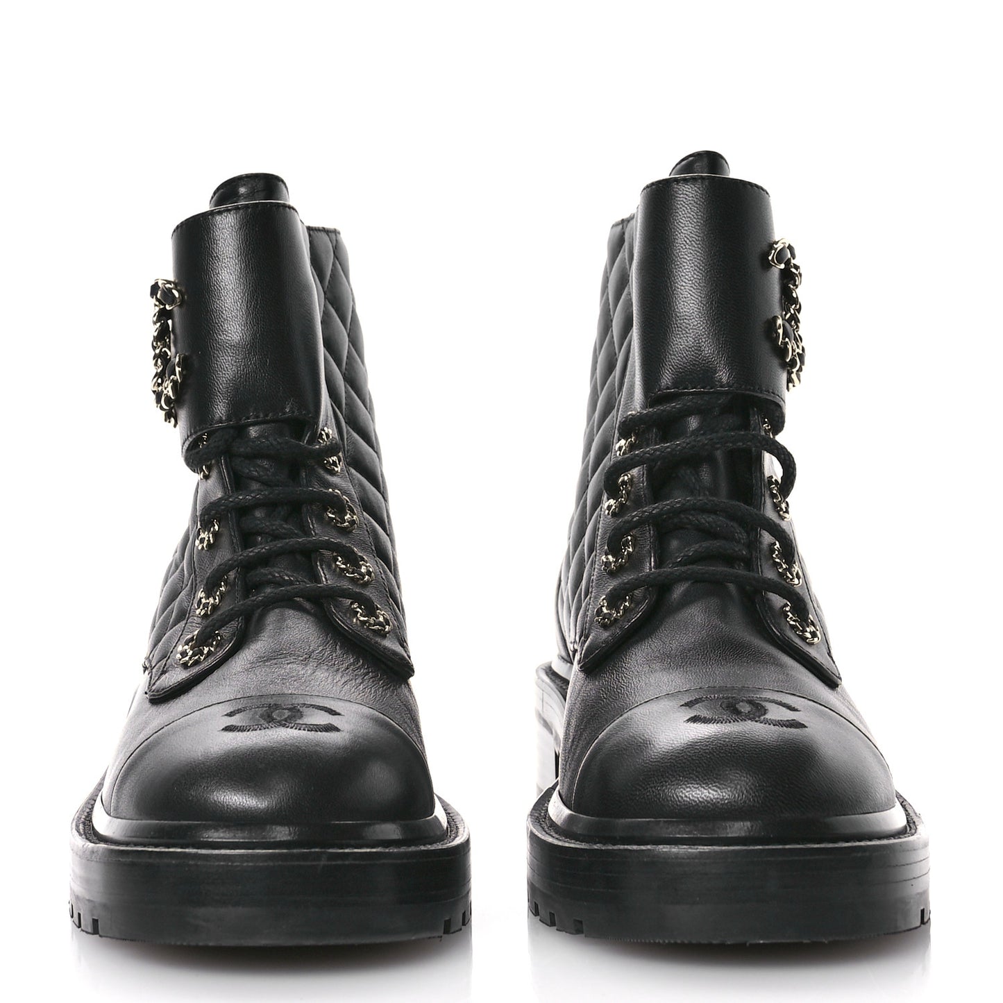 Shiny Calfskin Quilted Lace Up Combat Boots 38.5 Black