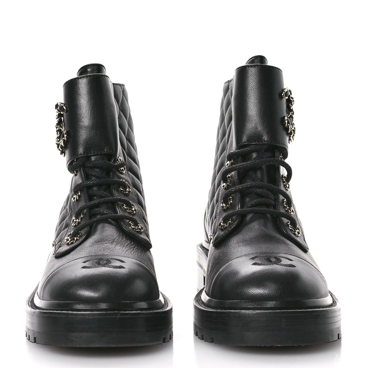 Chanel Shiny Calfskin Quilted Lace Up Combat Boots 38.5 Black 3 of 9