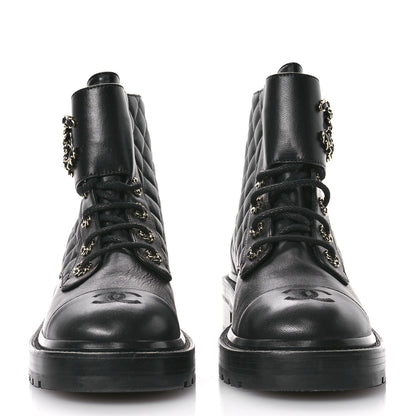 Chanel Shiny Calfskin Quilted Lace Up Combat Boots 38.5 Black 3 of 9