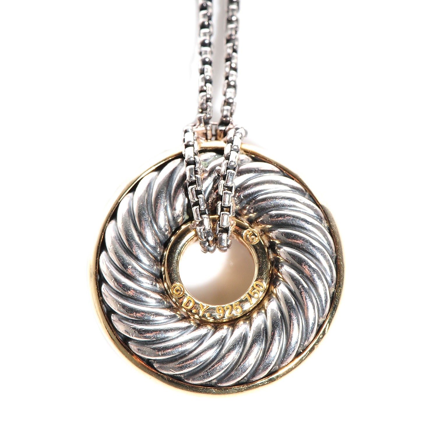 David Yurman Sterling Silver 18k Yellow Gold Petite Cable Disk Necklace 19mm 3 of 4