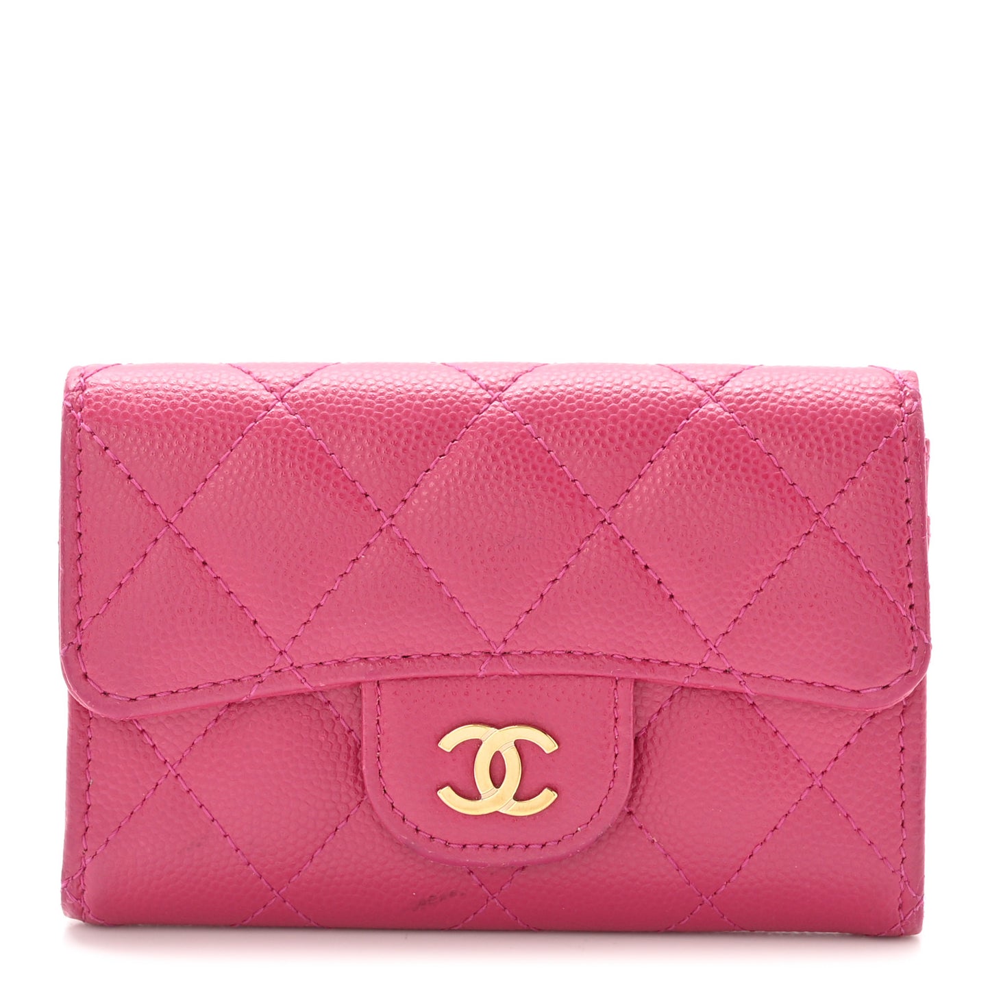 Caviar Quilted Flap Card Holder Wallet Dark Pink
