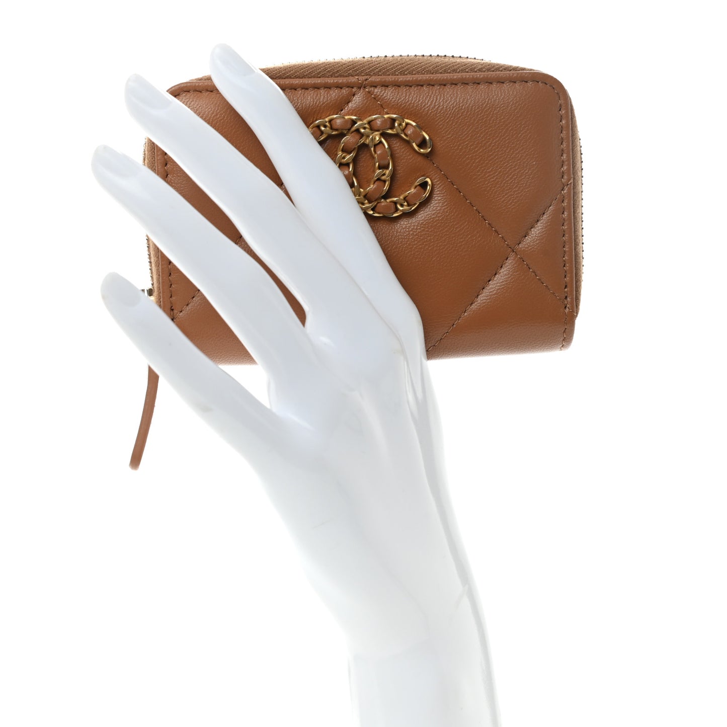 Lambskin Quilted Chanel 19 Zip Around Coin Purse Wallet Brown