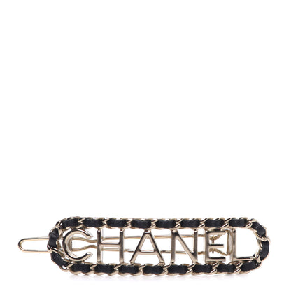 Chanel Metal Lambskin Vintage Allure Logo Hair Clip Black Gold 1 of 4