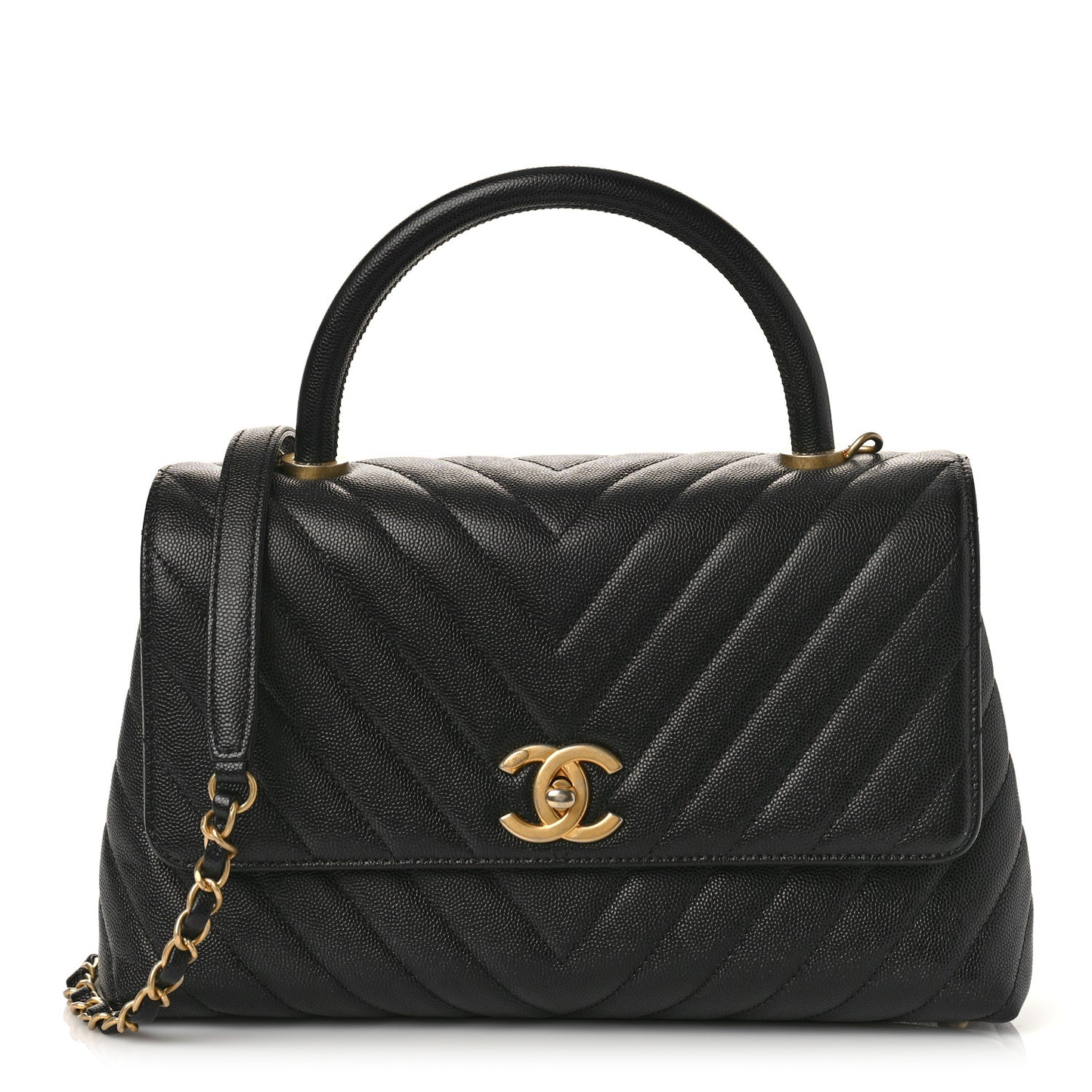 Caviar Chevron Quilted Small Coco Handle Flap Black