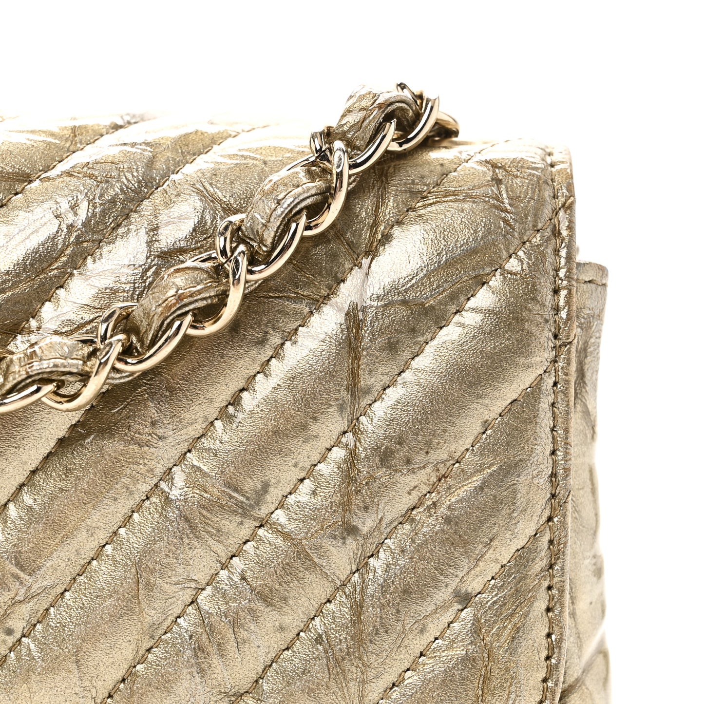 Patent Metallic Crumpled Calfskin Chevron Quilted Mini Square Flap Gold