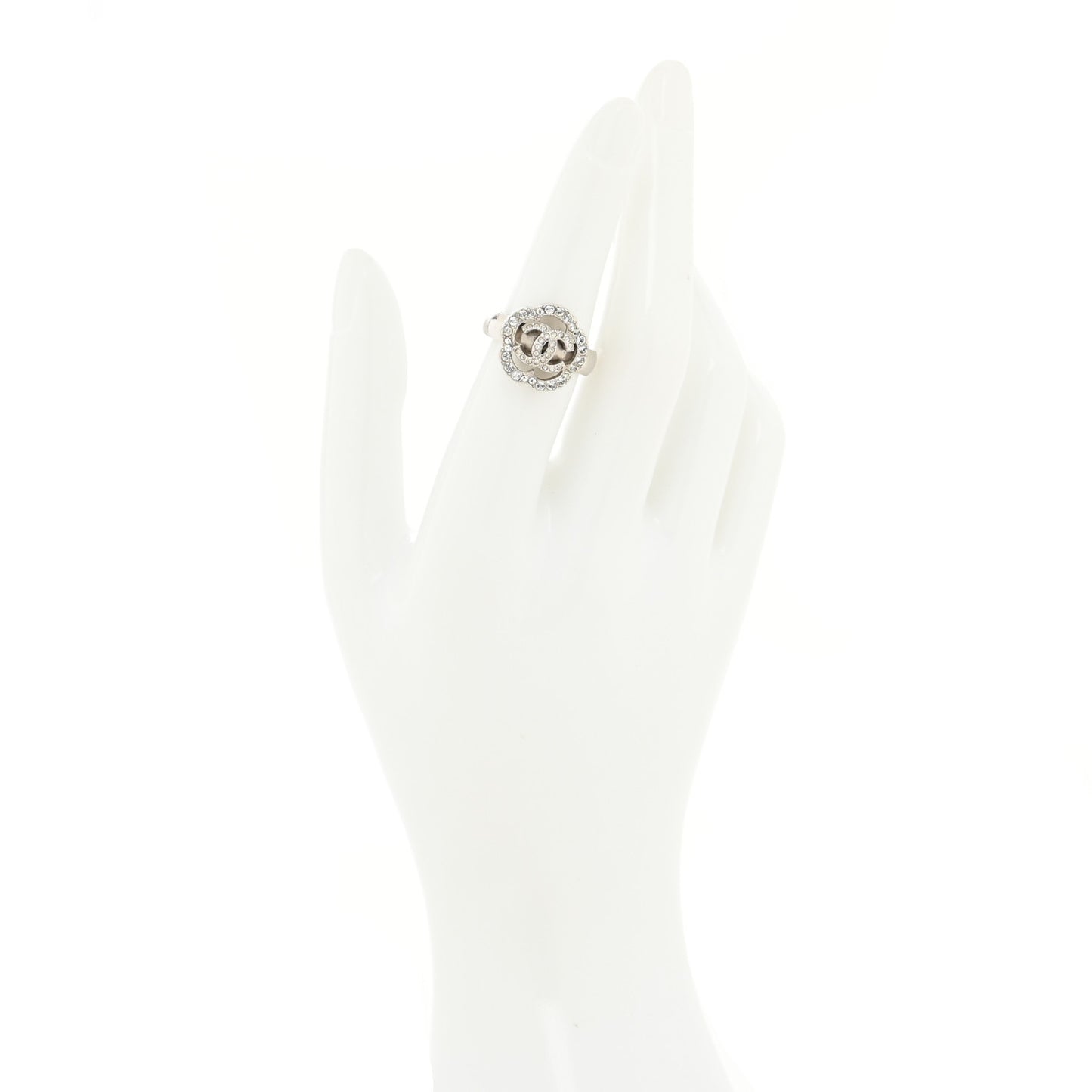 Crystal Coco Flapper Camellia CC Ring 49 5 Silver