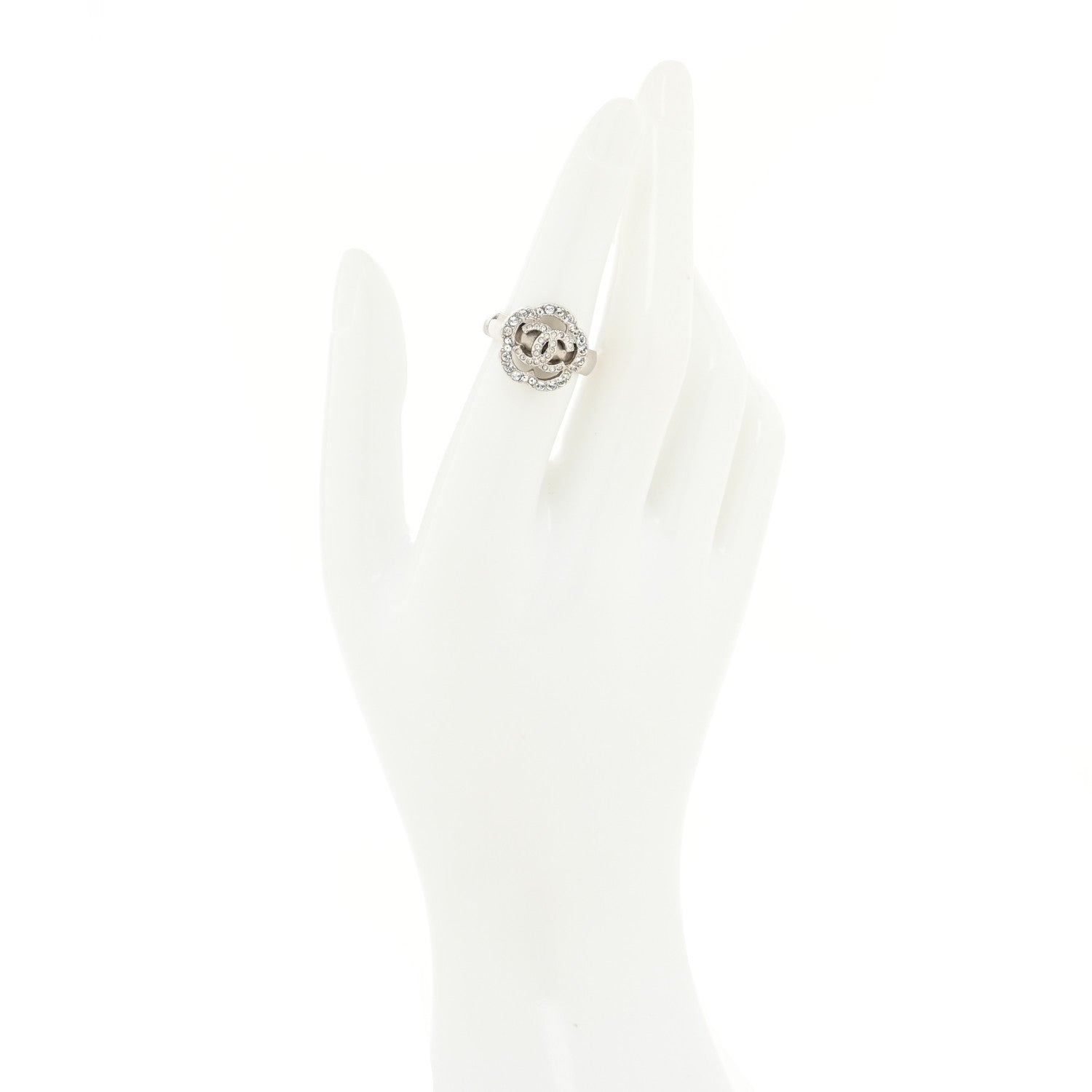 Chanel Crystal Coco Flapper Camellia CC Ring 49 5 Silver 2 of 4