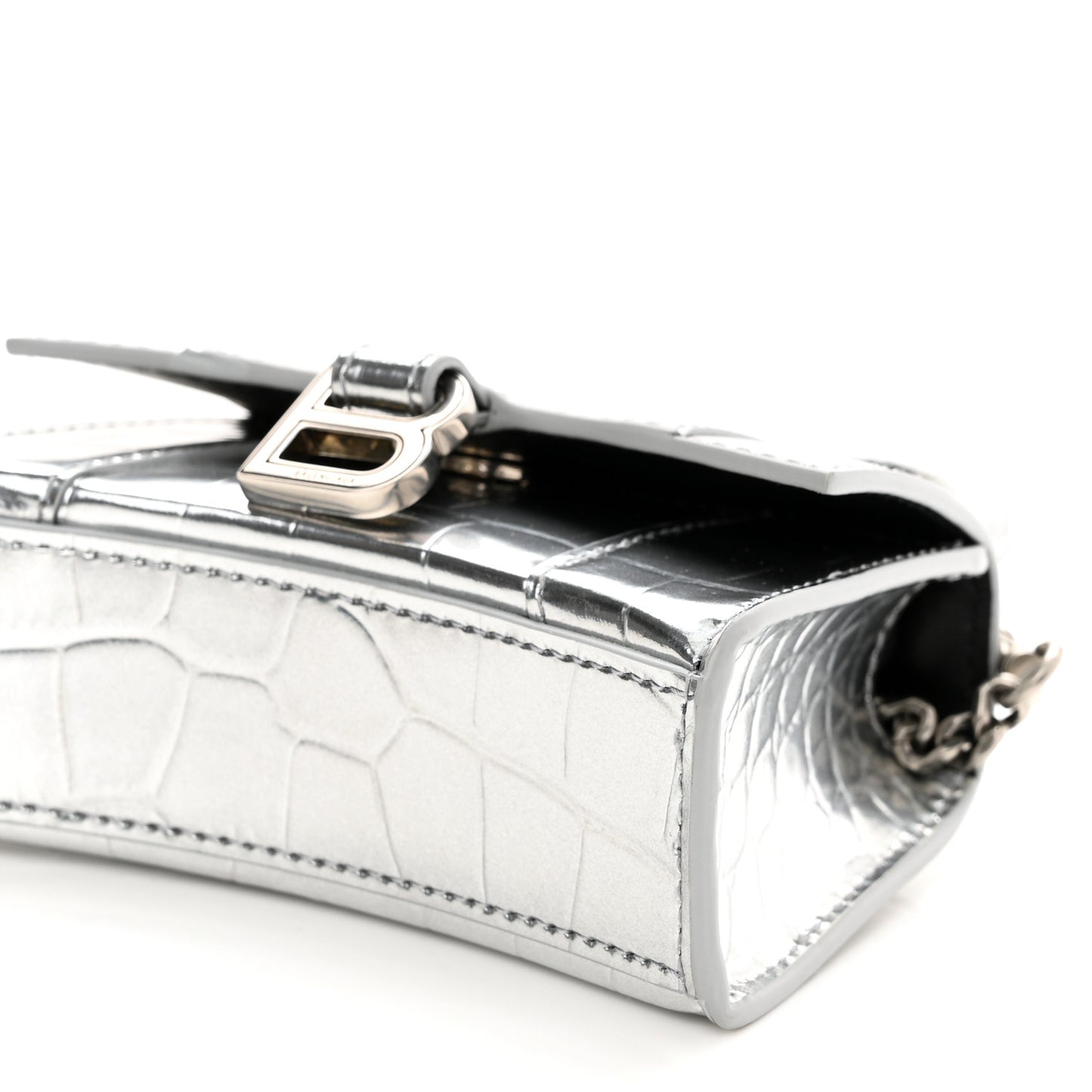 Metallic Calfskin Crocodile Embossed Hourglass Top Handle Bag Mini with Chain Silver