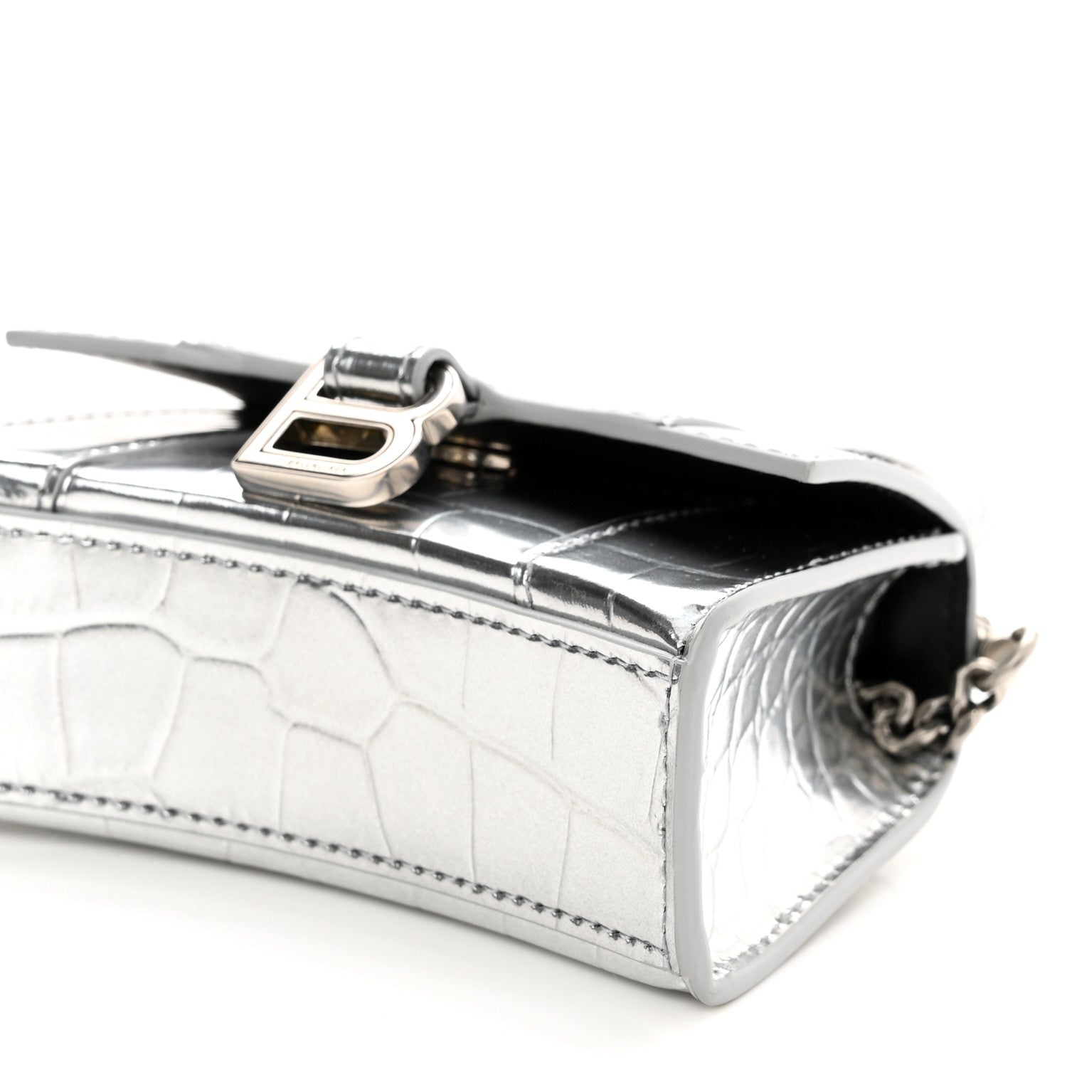 Balenciaga Metallic Calfskin Crocodile Embossed Hourglass Top Handle Bag Mini with Chain Silver 8 of 8