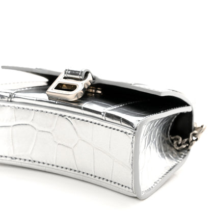 Balenciaga Metallic Calfskin Crocodile Embossed Hourglass Top Handle Bag Mini with Chain Silver 8 of 8