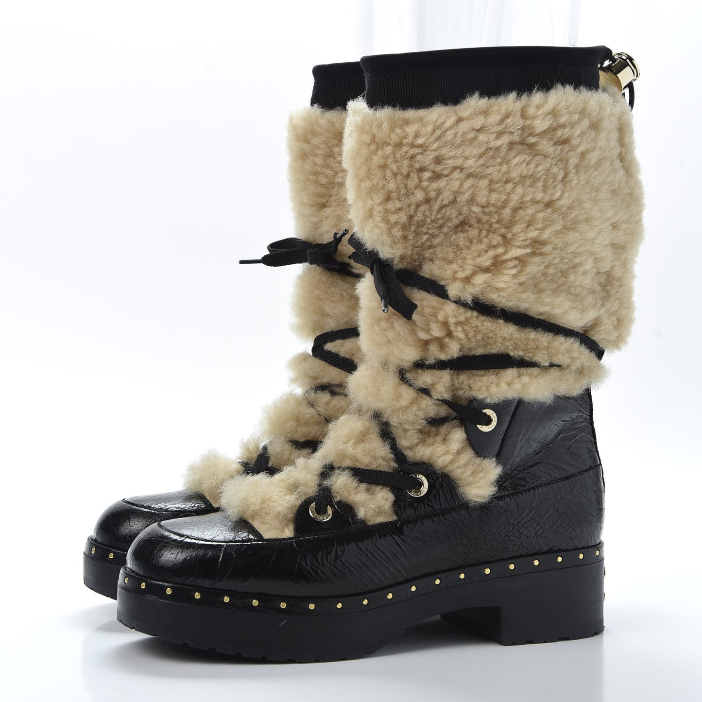Patent Shearling Lace Up Boot 39 Black