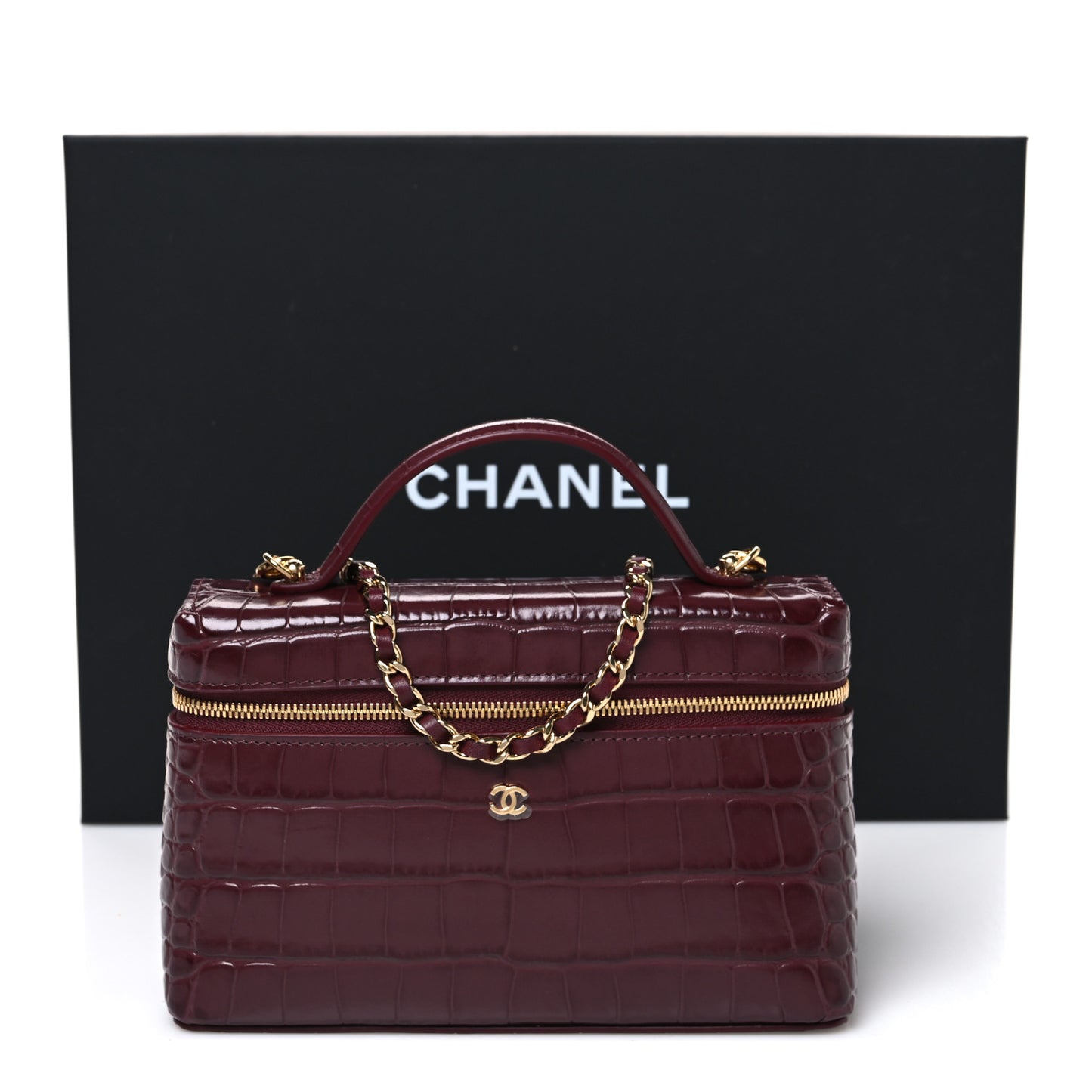 Calfskin Crocodile Embossed Crococo Top Handle Slim Vanity Case With Chain Dark Burgundy