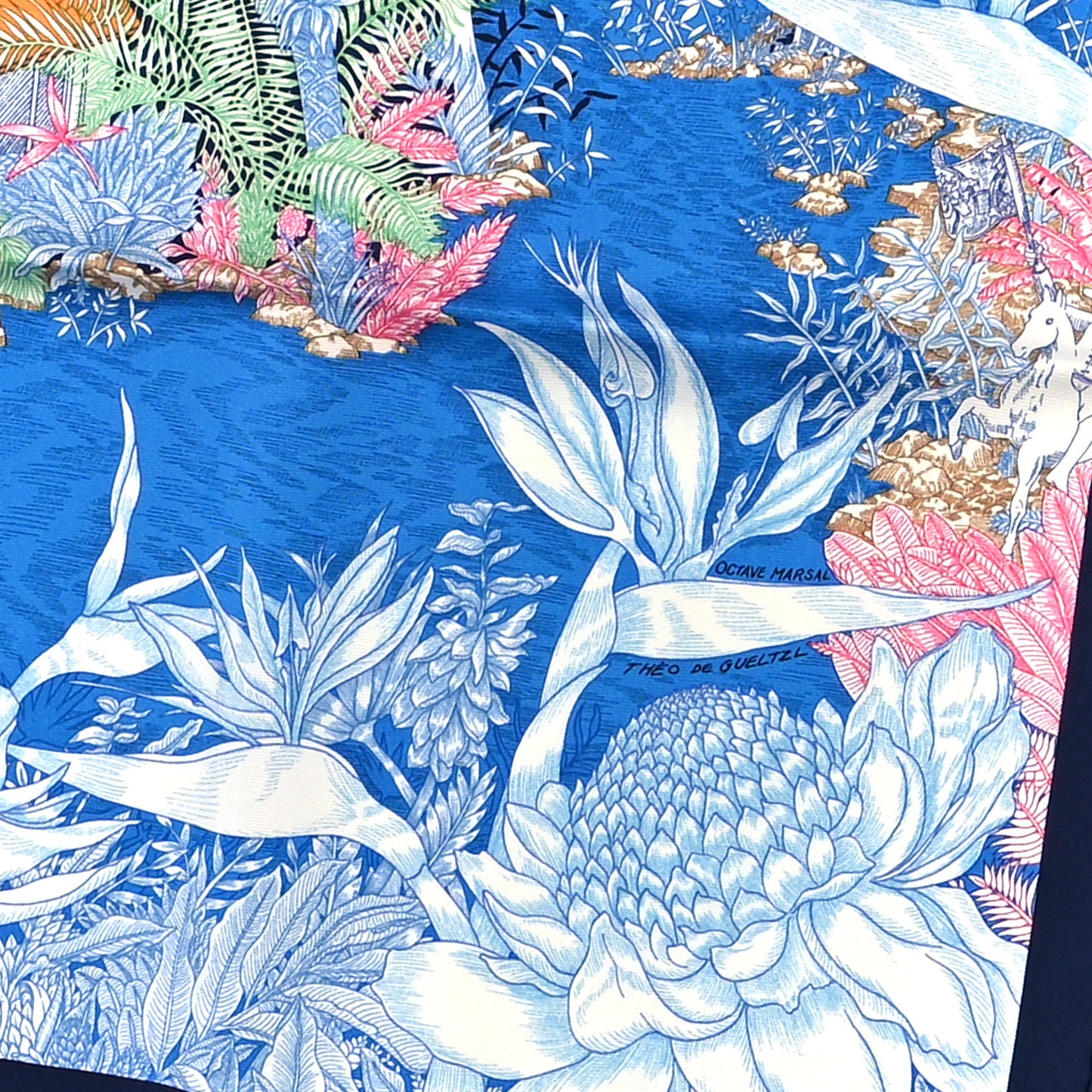Silk Faubourg Tropical Scarf 90 Bleu Jean Vert Jaune Sofre