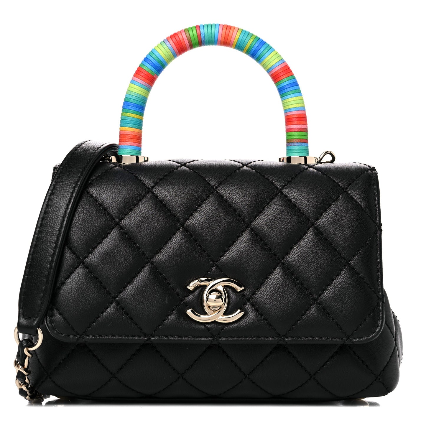 Goatskin Quilted Rainbow Extra Mini Coco Handle Flap Black